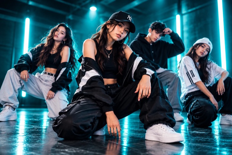 Vier junge Tänzer:innen in Streetwear posieren kniend im türkisen Neonlicht (KI-generiertes Bild)